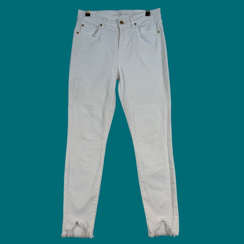 7 For All Mankind High Waist Ankle Groove White Skinny Jean Frayed Hem 28 Staple